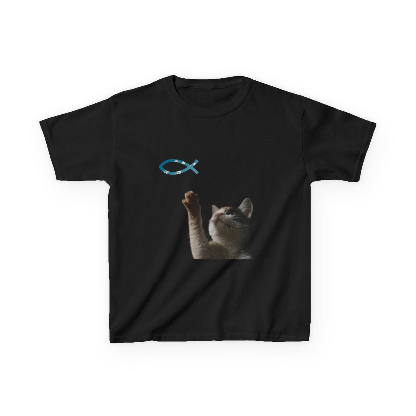 Kids Cat Reaching for Ichthys Fish Tee — Cute Christian Kids T‑Shirt