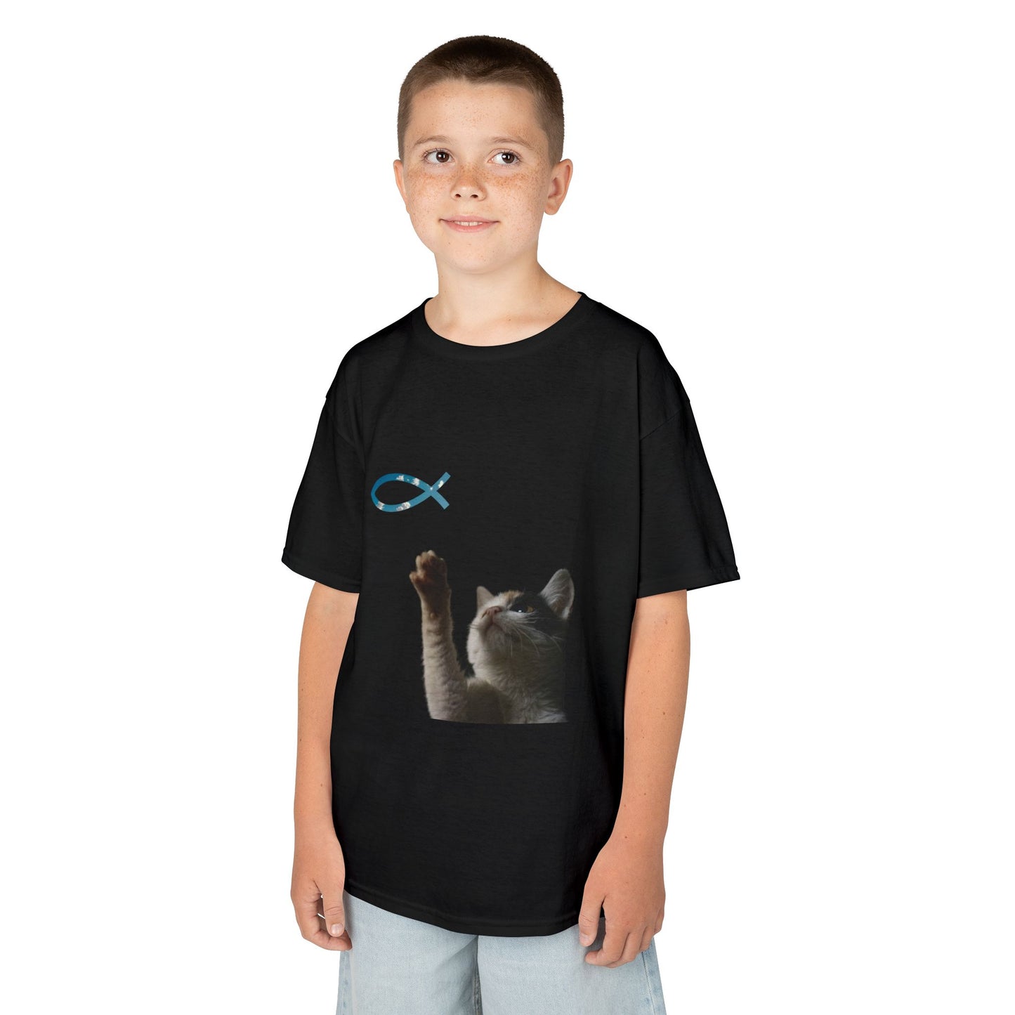 Kids Cat Reaching for Ichthys Fish Tee — Cute Christian Kids T‑Shirt