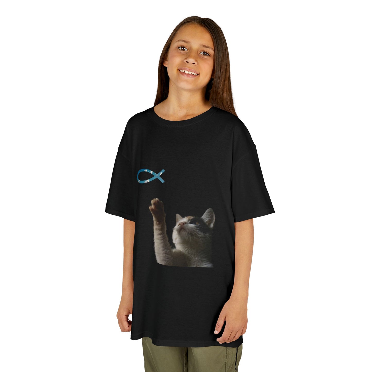 Kids Cat Reaching for Ichthys Fish Tee — Cute Christian Kids T‑Shirt